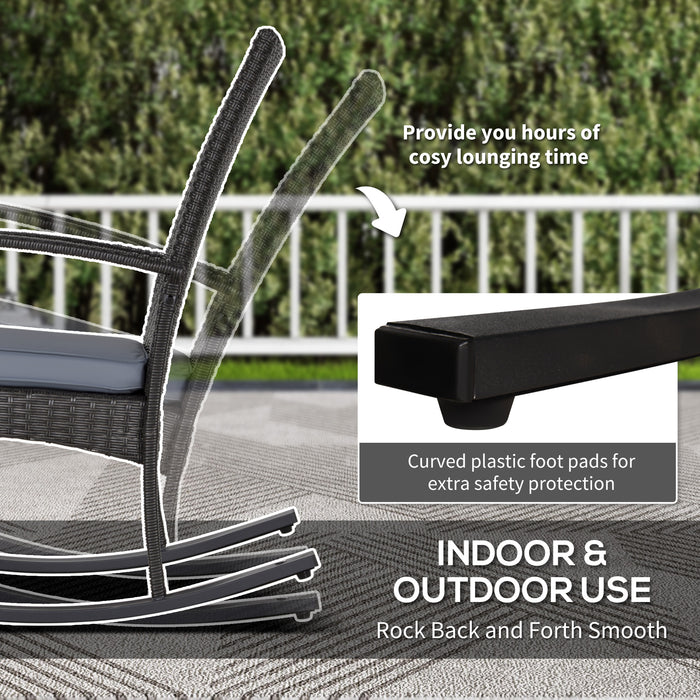 PE Rattan Outdoor Rocking Chair Duo - Garden Patio Furniture with Armrests and Grey Cushions - Comfortable Seating for Porch, Yard or Sunroom