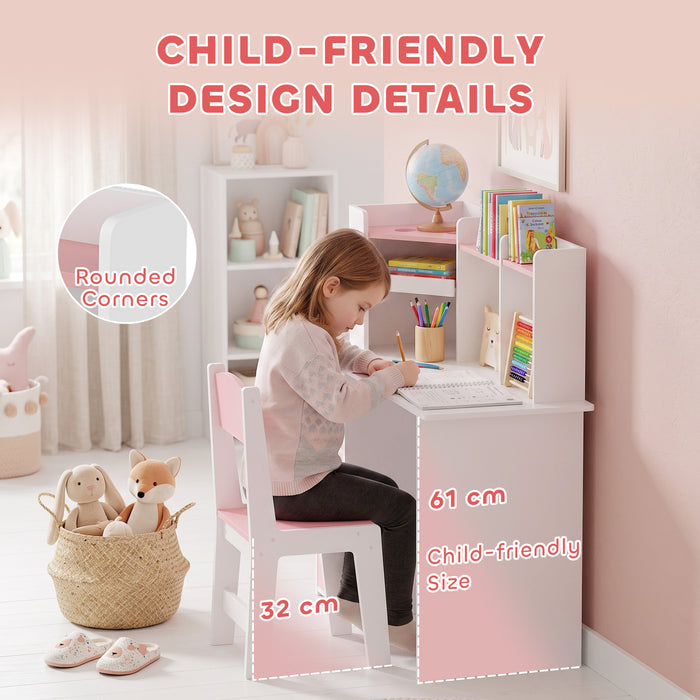 AIYAPLAY Kids Desk and Chair Set Storage Shelves Kids Desk Adjustable Tablet Stand Cork Board Pen Holder Pink