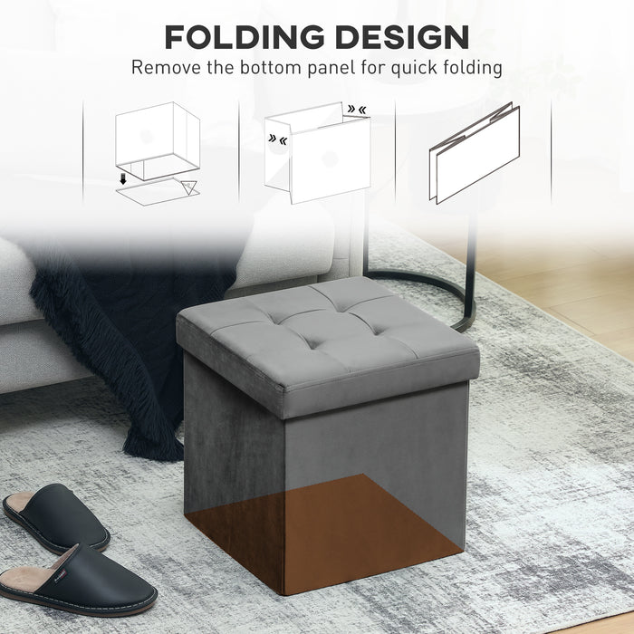 HOMCOM Foldable Velvet-Feel Storage Ottoman - Grey