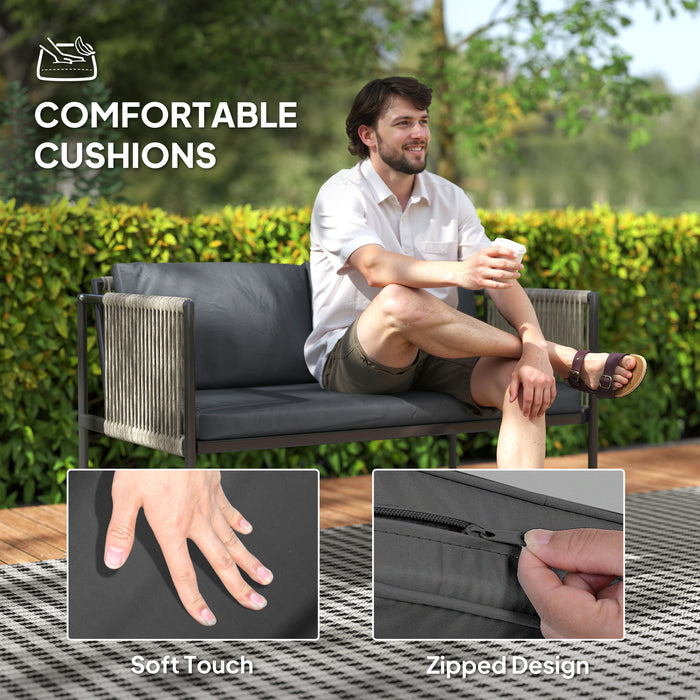 Outsunny 4 Piece Rattan Garden Furniture Set, 4 Seater Wicker Outdoor Furniture Set with 2 Armchairs, Loveseat, Glass Top Coffee Table and Cushions for Balcony, Porch, Grey