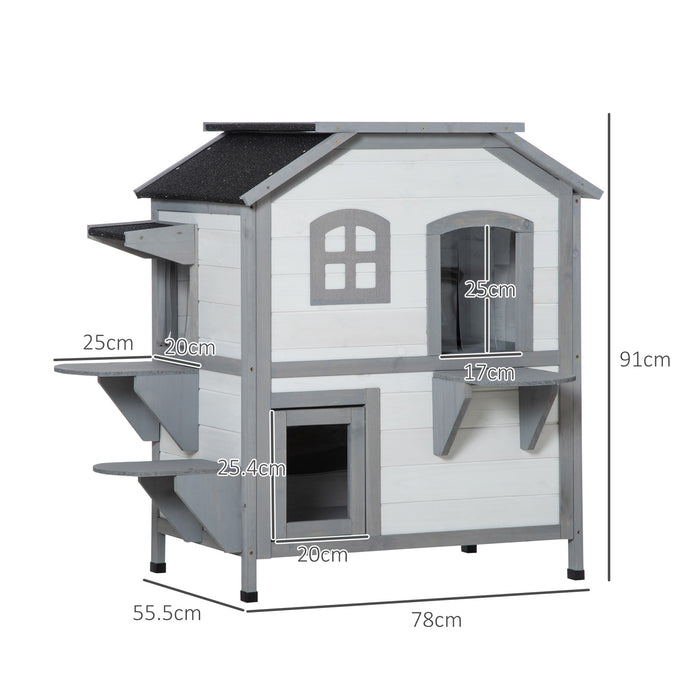 2-Story Kitty Condo with Escape Hatch - Indoor/Outdoor Weatherproof Cat Shelter, White Finish - Safe Haven for Felines in Varied Climates