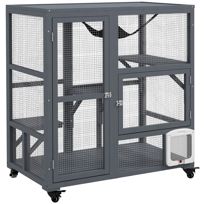 PawHut Cat Cage House, Catio Cat Outdoor Enclosure on Wheels, Weather-Resistant Wooden Kitty Cage with Platforms, Hammock, 100L x 60W x 110Hcm - Light Grey | Aosom UK