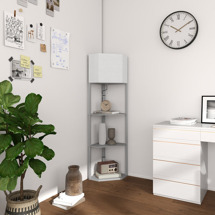 HOMCOM Corner Floor Lamp with Shelves, Tall Standing Lamps for Living Room, with Pull Chain Switch Bulb not Included, Grey | Aosom UK