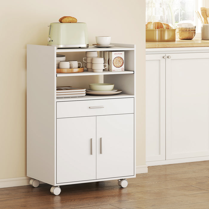 HOMCOM Kitchen Trolley with Wheels, Modern Mobile Microwave Stand with Slide-Out Shelf, Drawer and 2 Doors for Dining Room