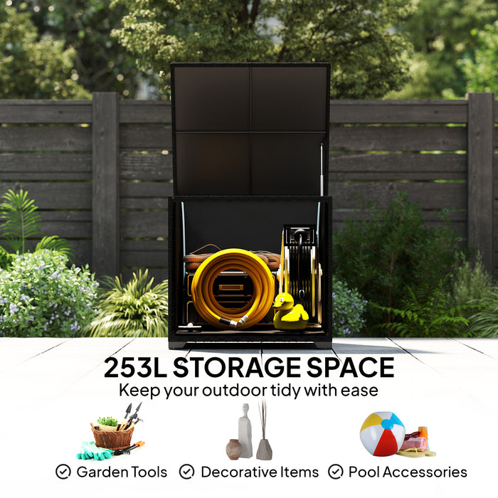 Outsunny 253L Garden Storage Box, Rattan Deck Box with Zipped Liner, Safe Pneumatic Rod, Patio Storage Container, Black