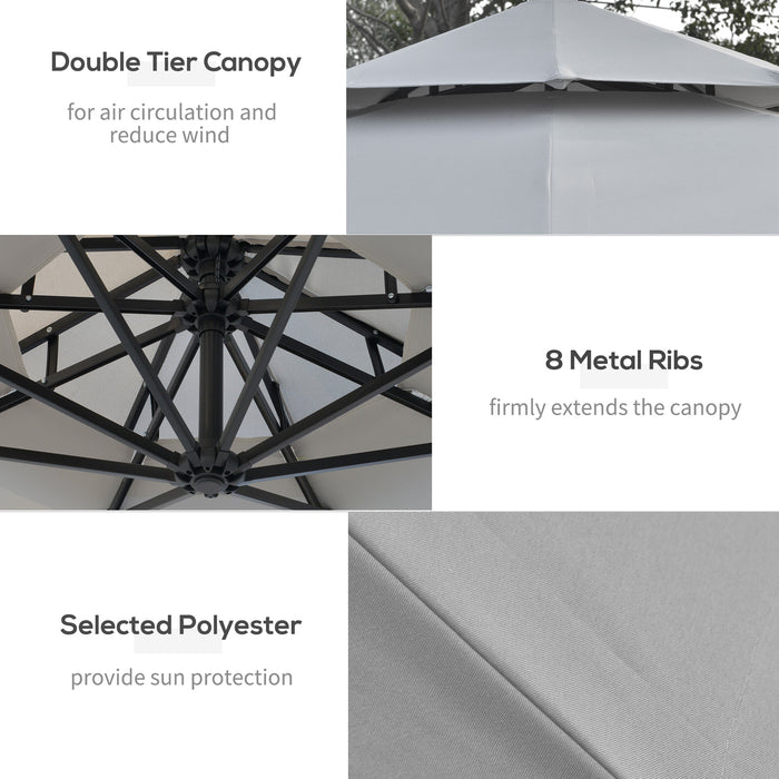 Cantilever Banana Parasol with LED Solar Lights - Double Roof Hanging Umbrella with Crank, 8 Ribs & Cross Base - Outdoor Oasis for Garden, Patio Use in Light Grey