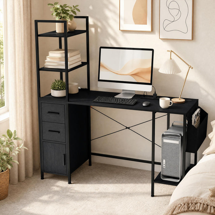 Office Desk with LED Lights and Power Outlets CPU Stand  for Home Office-Black
