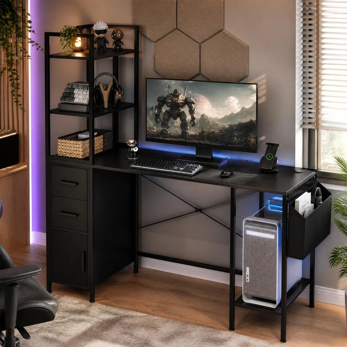 Office Desk with LED Lights and Power Outlets CPU Stand  for Home Office-Black