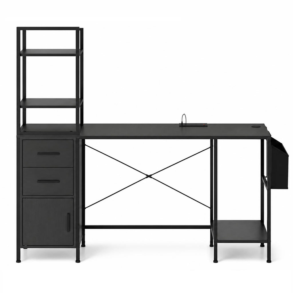 Office Desk with LED Lights and Power Outlets CPU Stand  for Home Office-Black