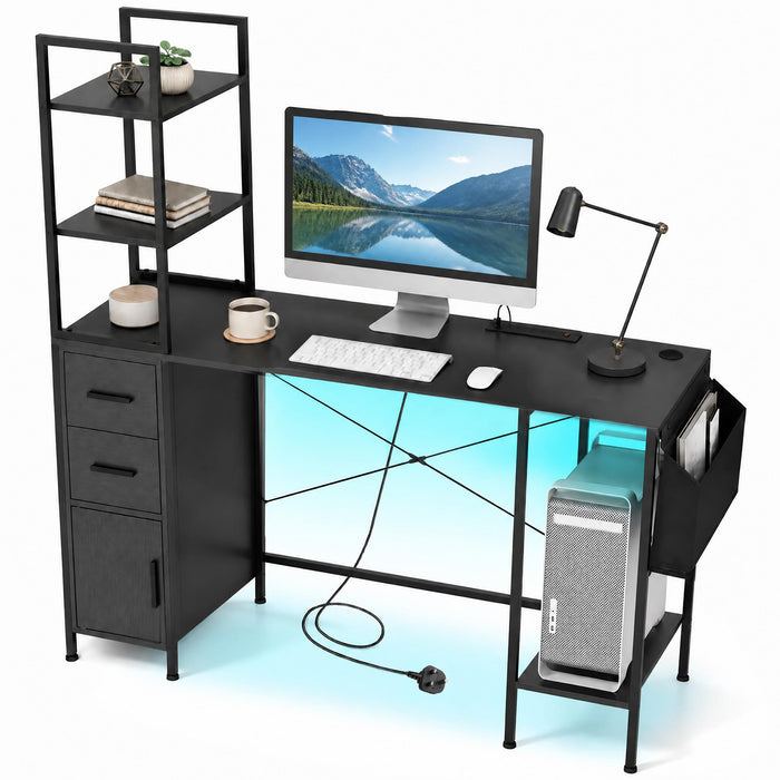 Office Desk with LED Lights and Power Outlets CPU Stand  for Home Office-Black