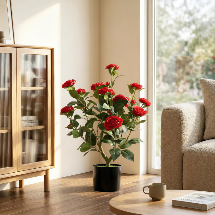 HOMCOM 65cm Artificial Camellia Flower Plant in Pot with 116 Lush Leaves & Moss Effect, Red