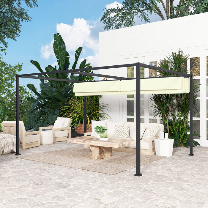 Outsunny 4 x 3(m) Metal Pergola with Retractable Roof, Garden Gazebo Canopy Shelter for Outdoor, Patio, Cream White