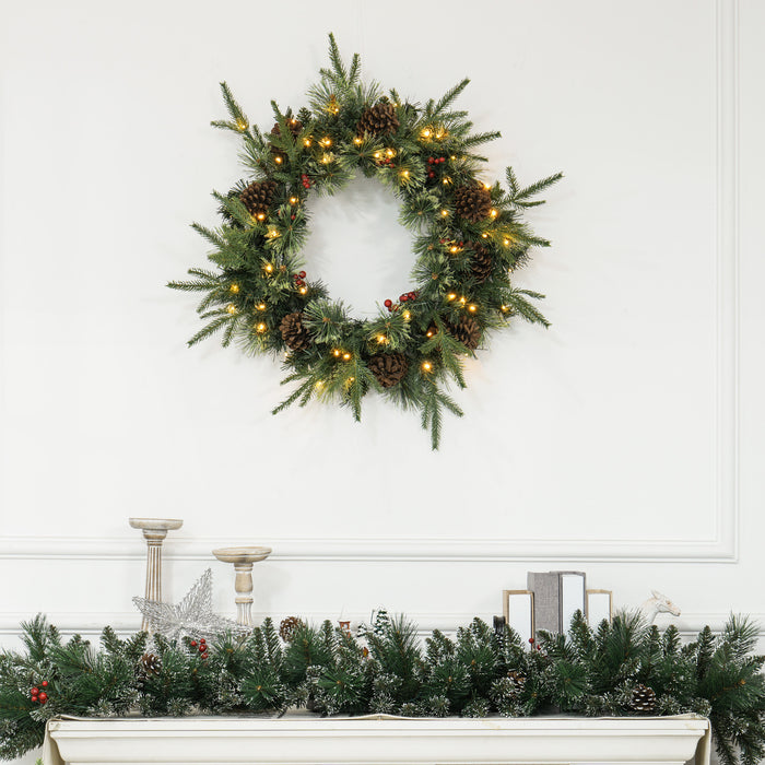 Aosom UK Pre-Lit 60cm Christmas Wreath - LED Lights, Pine Cones, Red Berries Festive Door & Window Decor - Seasonal Wall Accent for Home and Office