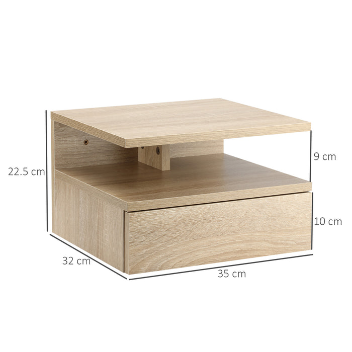 Wall-Mounted Oak-Toned Nightstand - Floating Bedside Cabinet with Drawer & Open Shelf - Space-Saving Bedroom Storage Solution