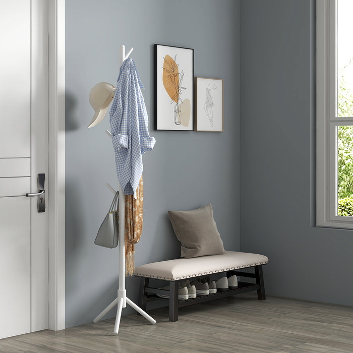 White Wooden Coat Stand with 8 Hooks - Elegant & Durable Clothes Hanger - Ideal for Home or Office Use