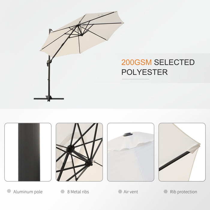 3 Meter Patio Offset Roma Umbrella - Cantilever Hanging Sun Shade Canopy with 360° Rotation and Cross Base, Cream White - Ideal Outdoor Shelter for Garden, Deck, and Poolside