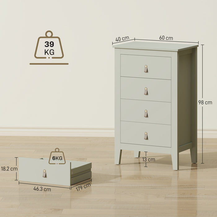 HOMCOM Bedroom Chest of Drawers, Modern 4 Drawer Dresser Cabinet with PU Leather Handles and Metal Runners for Living Room, Hallway, Entryway, Green