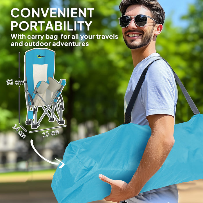 Outsunny Set of 2 Folding Beach Chair, Low Camping Chair with Mesh Back, Carry Bag and Cup Holder for Garden Outdoor Picnic Festival Travel, Blue