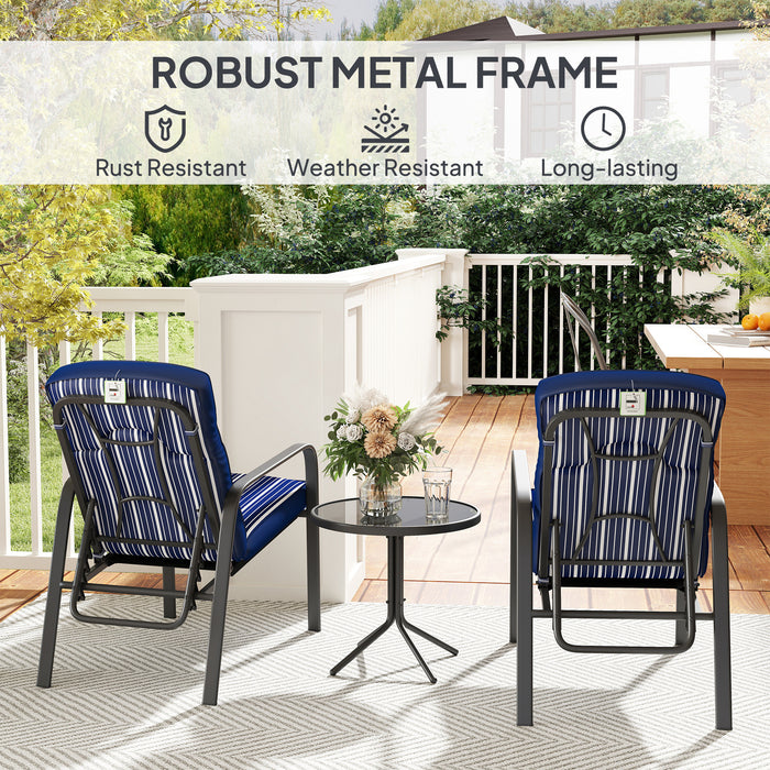 Outsunny 3-Piece Patio Bistro Set, 5-Position Adjustable Recliner Garden Chairs and Tempered Glass Table, Garden Furniture Set with Cushions, High Back, Armrests, Metal Frame for Balcony Patio, Blue