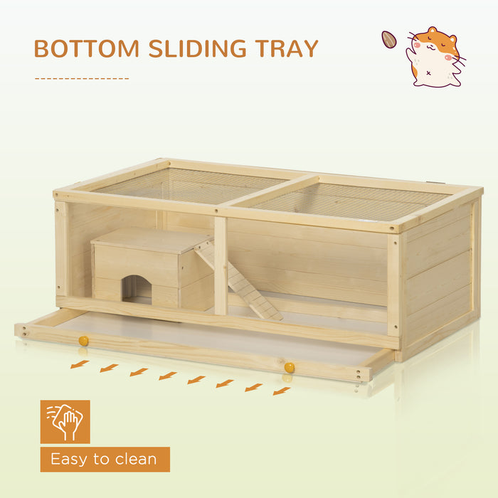 PawHut Wooden Hamster Cage with Sliding Tray, Openable Top, Hut for Syrian Hamsters, Natural Wood