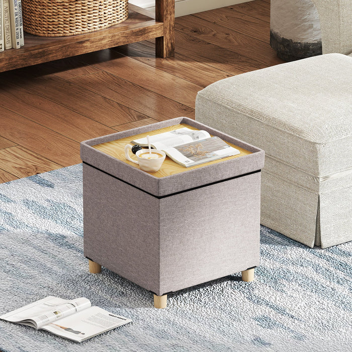 Ottoman with Storage Linen Fabric Footstool with Tray and Rubber Wood Legs-