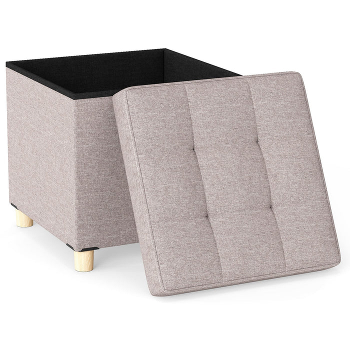 Ottoman with Storage Linen Fabric Footstool with Tray and Rubber Wood Legs-