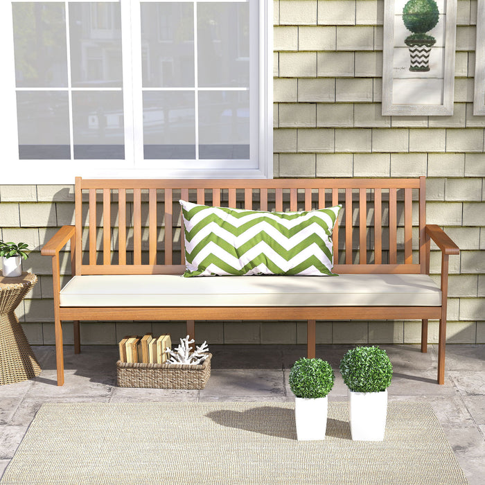 Outdoor Acacia Wood Bench 3-Seat Patio Bench with Removable Seat Cushion-