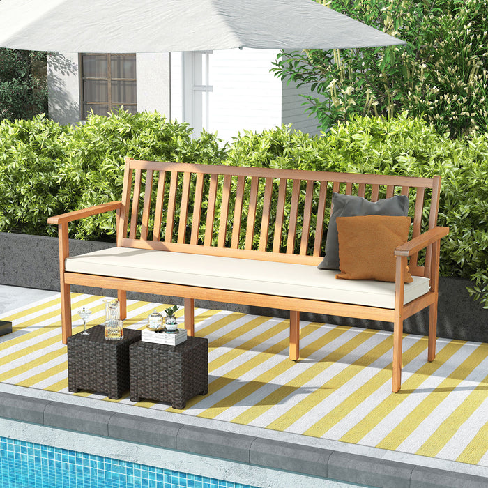 Outdoor Acacia Wood Bench 3-Seat Patio Bench with Removable Seat Cushion-