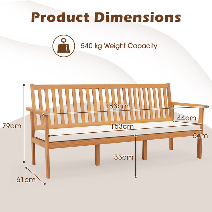Outdoor Acacia Wood Bench 3-Seat Patio Bench with Removable Seat Cushion-