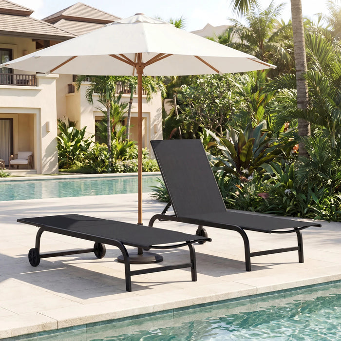 Outdoor Chaise Lounge Chair Set of 2 with Wheels 6-Position Recliner with 180° Full Flat-