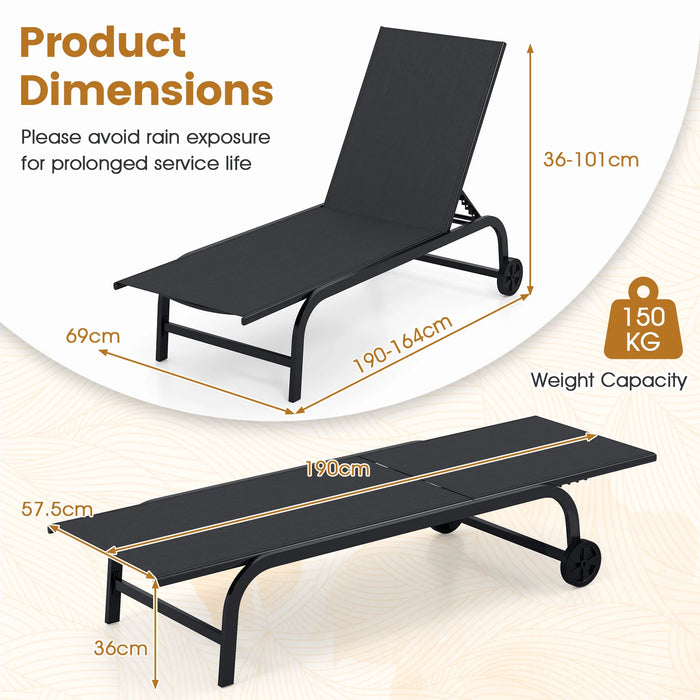 Outdoor Chaise Lounge Chair Set of 2 with Wheels 6-Position Recliner with 180° Full Flat-