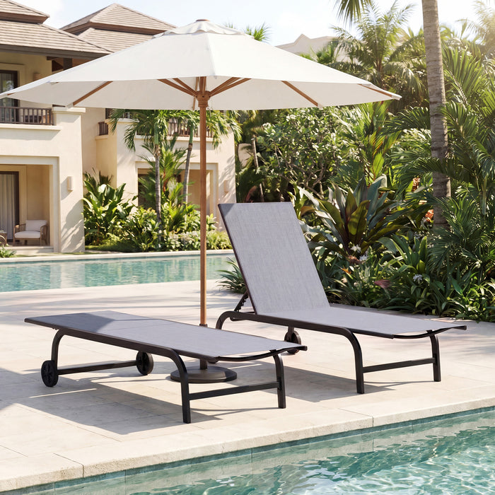 Outdoor Chaise Lounge Chair Set of 2 with Wheels 6-Position Recliner with 180° Full Flat-