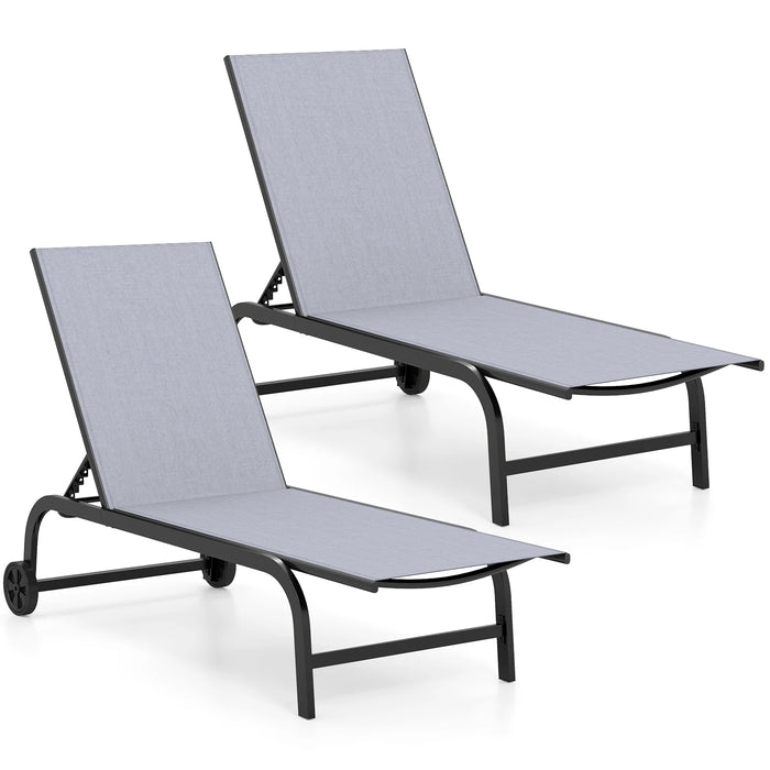 Outdoor Chaise Lounge Chair Set of 2 with Wheels 6-Position Recliner with 180° Full Flat-