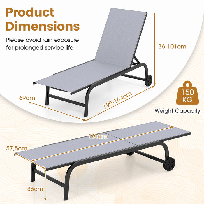Outdoor Chaise Lounge Chair Set of 2 with Wheels 6-Position Recliner with 180° Full Flat-