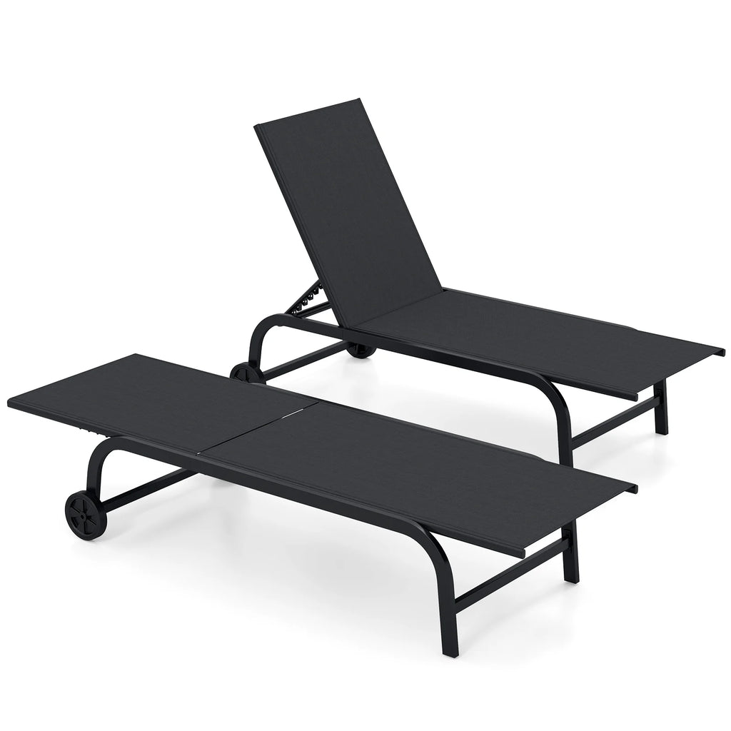 Outdoor Chaise Lounge Chair Set of 2 with Wheels and 180° Full Flat-