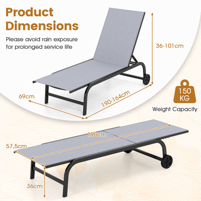 Outdoor Chaise Lounge Chair Set of 2 with Wheels and 180° Full Flat-