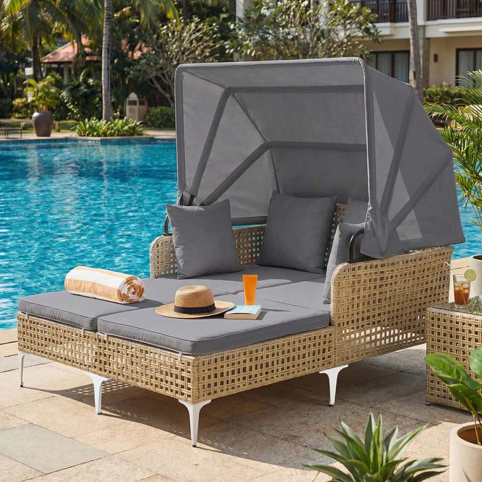 Outdoor Daybed with Retractable Canopy and Soft Pillows-