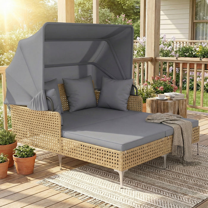 Outdoor Daybed with Retractable Canopy and Soft Pillows-