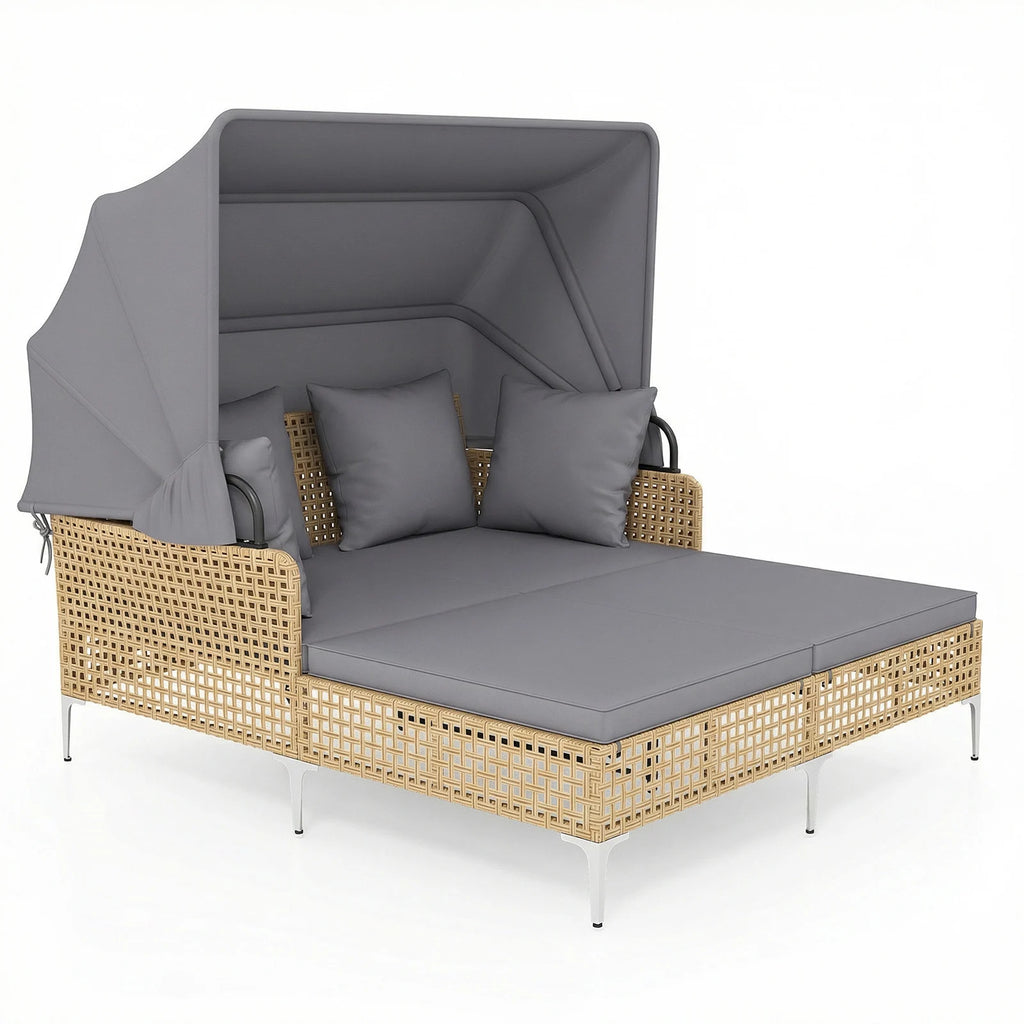 Outdoor Daybed with Retractable Canopy and Soft Pillows-