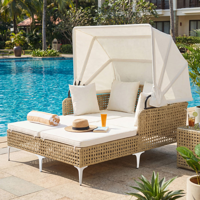 Outdoor Daybed with Retractable Canopy and Soft Pillows-