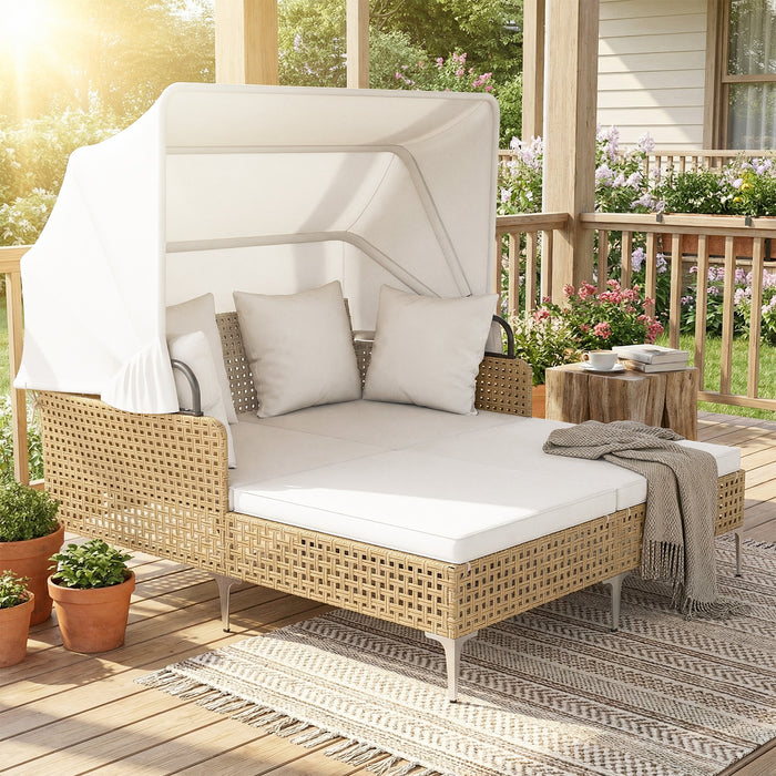 Outdoor Daybed with Retractable Canopy and Soft Pillows-