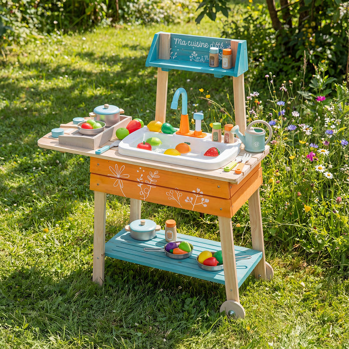 Outdoor Kids Play Kitchen Set Wooden Toy Kitchen Playset with Removable Sink-