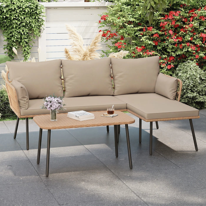 Outdoor L Shape Sofa Set with Coffee Table and Removable Cushions for Porch-