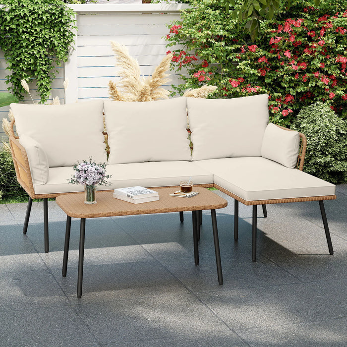 Outdoor L Shape Sofa Set with Coffee Table and Removable Cushions for Porch-