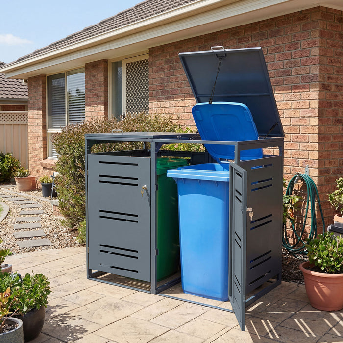 Outdoor Metal Garbage Bin Storage Shed for 2 Trash Cans-