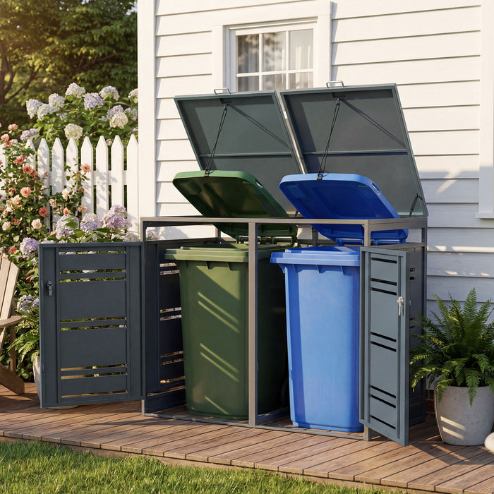 Outdoor Metal Garbage Bin Storage Shed for 2 Trash Cans-