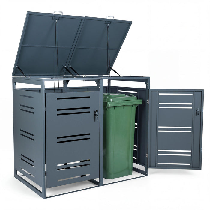 Outdoor Metal Garbage Bin Storage Shed for 2 Trash Cans-