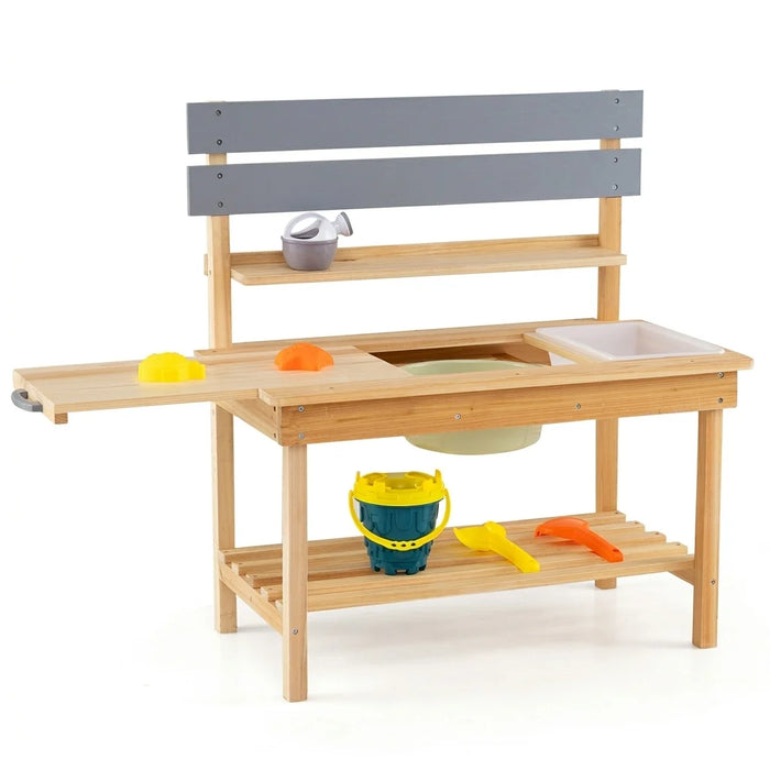Outdoor Mud Kitchen with Extended Tabletop Sink Faucet and Storage Shelves for Kids-