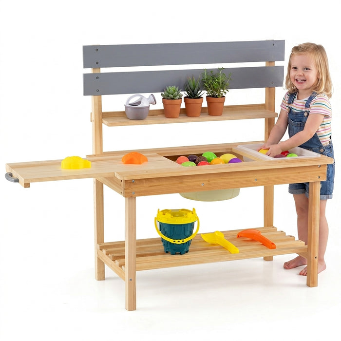 Outdoor Mud Kitchen with Extended Tabletop Sink Faucet and Storage Shelves for Kids-