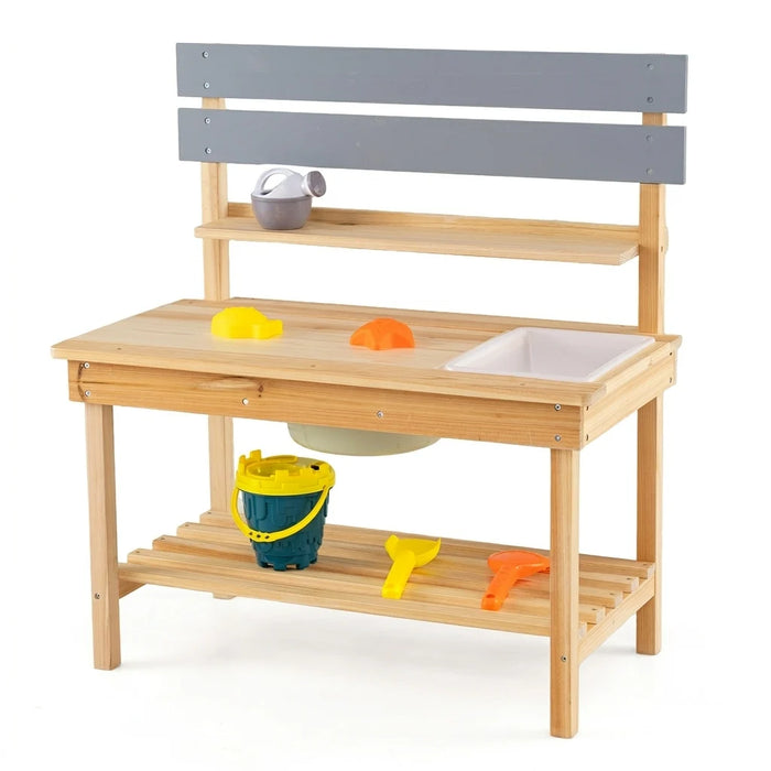 Outdoor Mud Kitchen with Extended Tabletop Sink Faucet and Storage Shelves for Kids-